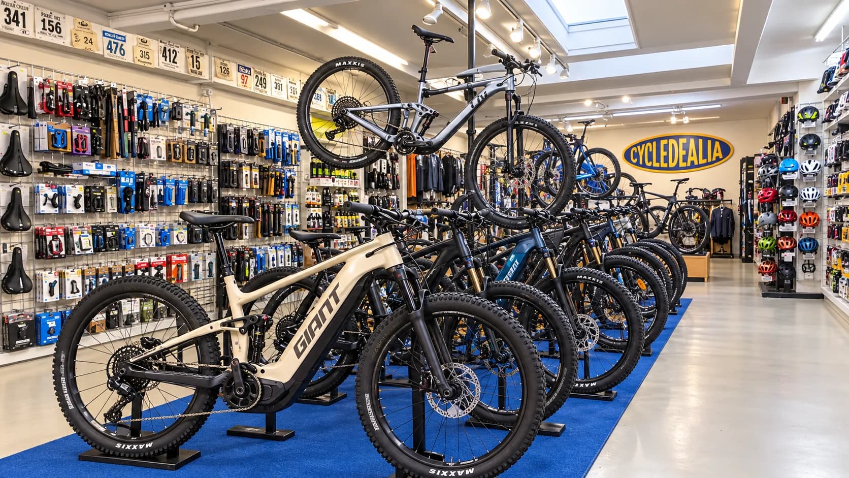 Bikes and e-bikes lined up on the CycleDealia shop floor